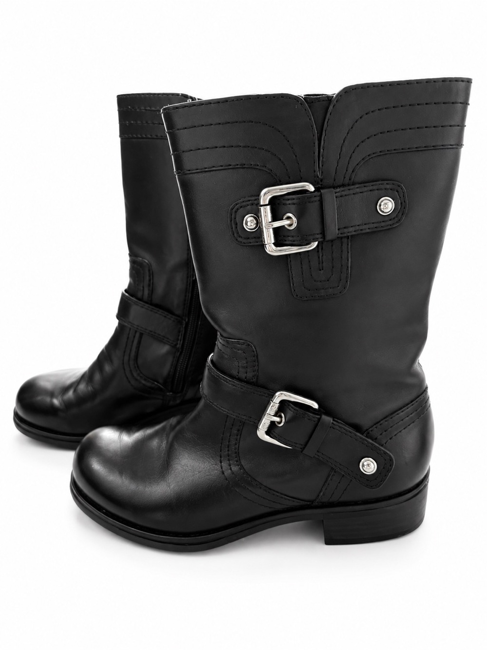 Guess - Women’s Moto Black Harness Buckle Leather Zip Boots - Size 6.5